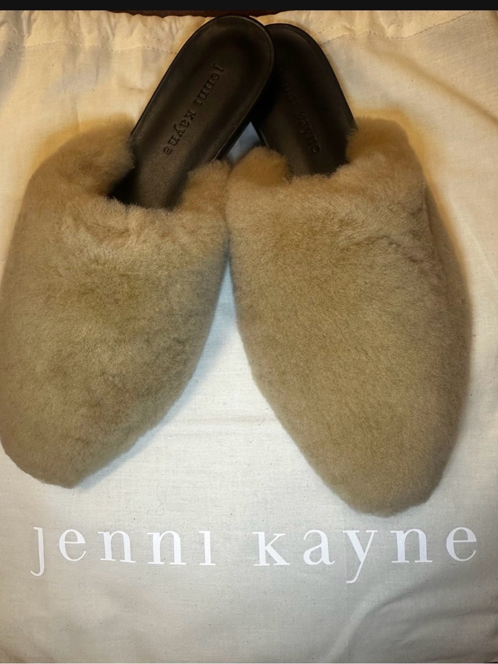 Jenni Kayne Plush Shearling Slip-On Mules in Camel